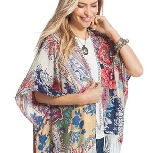 Chicos L XL kimono silk modal blend Ella Paisley Fringe Ruana festival Coachella